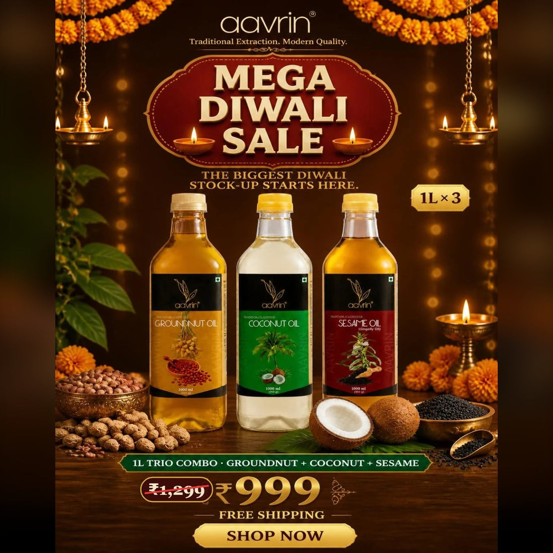 Aavrin Diwali trio combo 1 litre cold pressed groundnut, coconut and sesame oil bottles