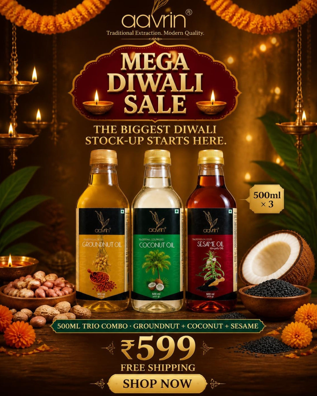 Aavrin Mega Diwali Sale 500ml x 3 cold pressed oil combo at Rs 599 with free shipping