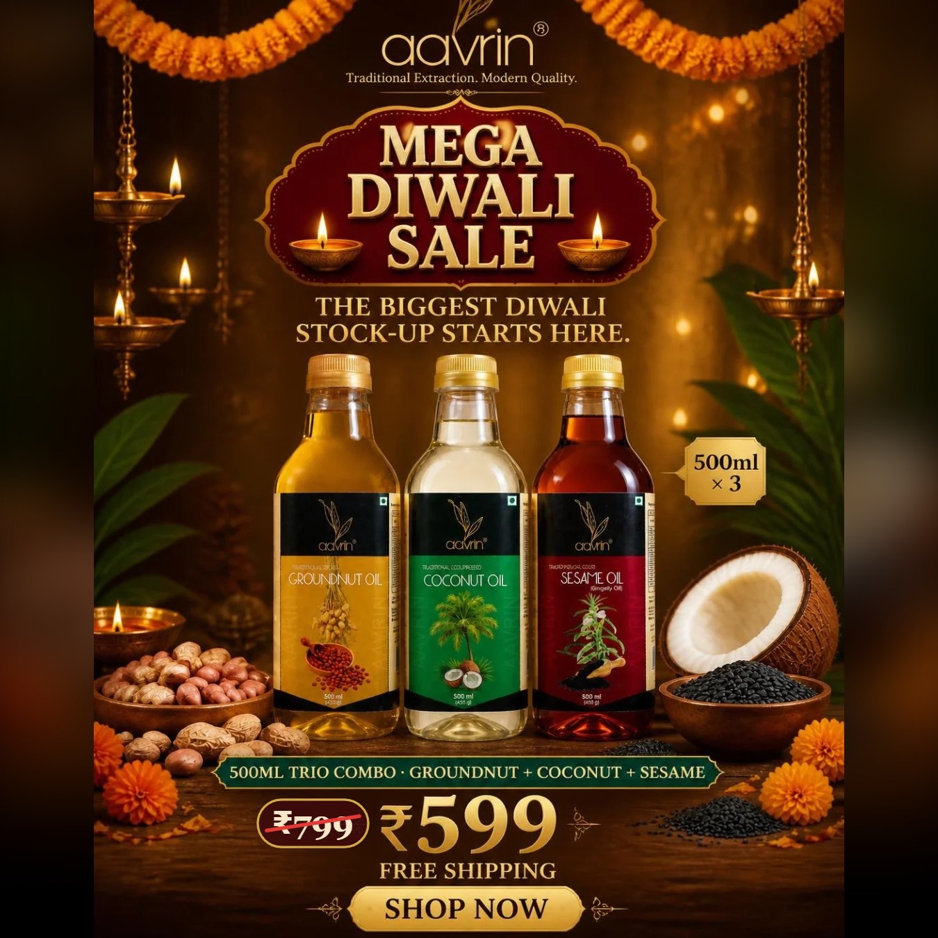 Aavrin Diwali trio combo 500ml cold pressed groundnut, coconut and sesame oil bottles