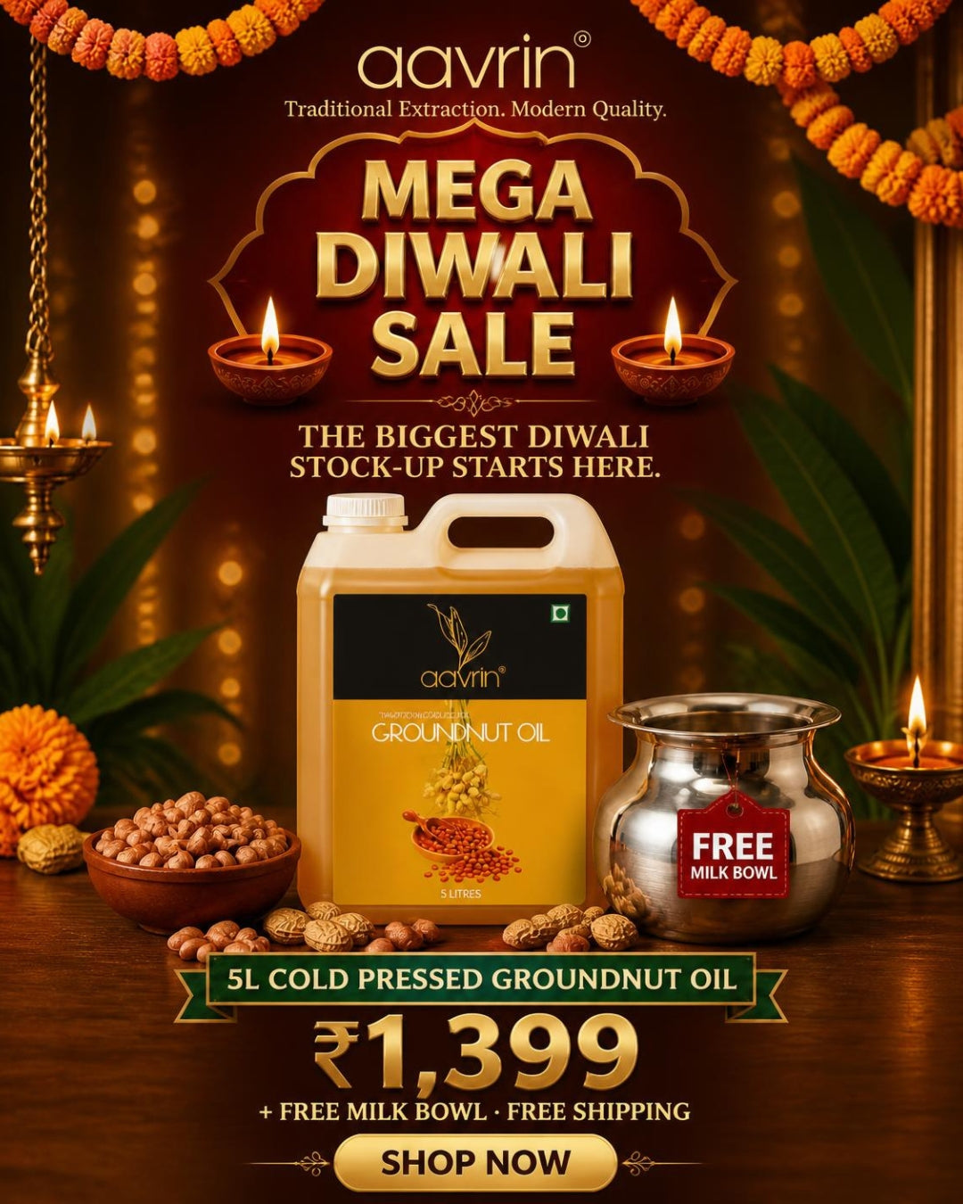 Aavrin cold pressed groundnut oil 5L Diwali sale with free stainless steel milk bowl