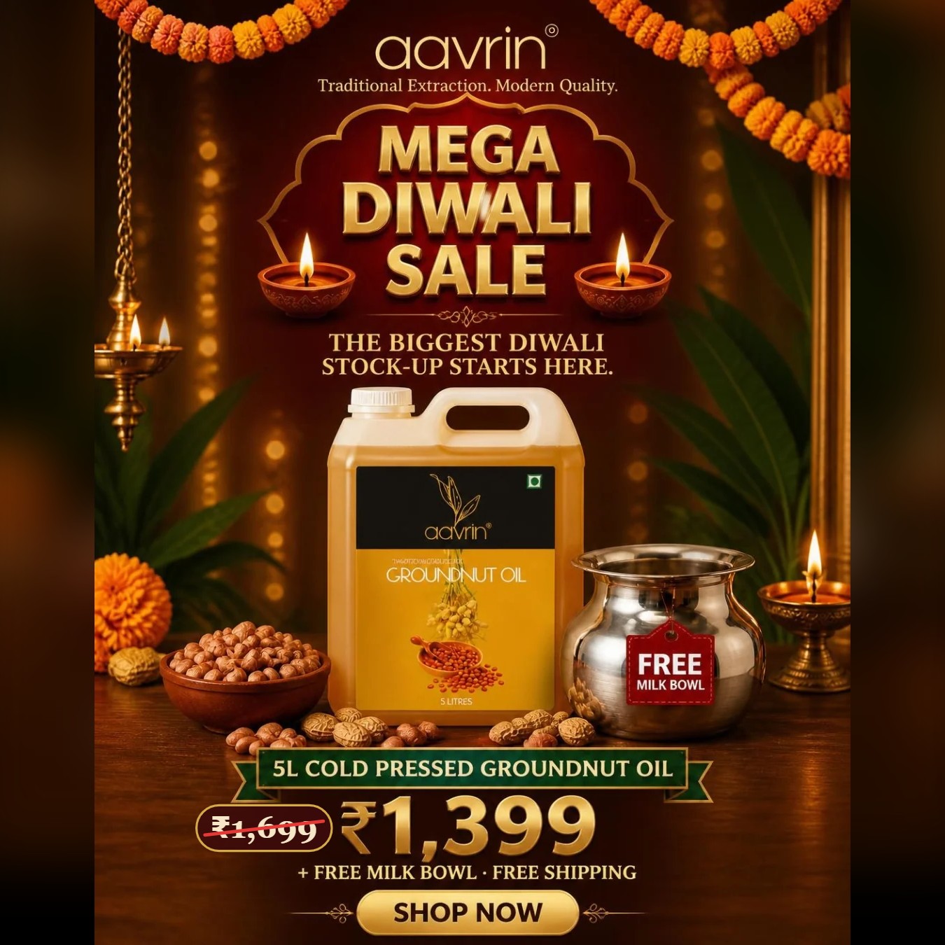 Aavrin cold pressed groundnut oil 5 litre can with free milk bowl, Diwali offer Rs 1399